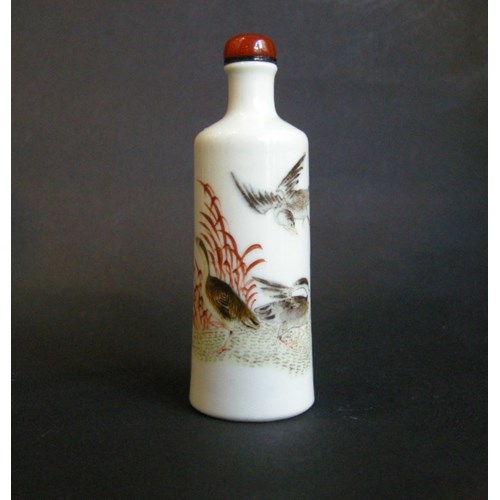 Snuff bottle porcelain painted in polychromy with duck in the millet